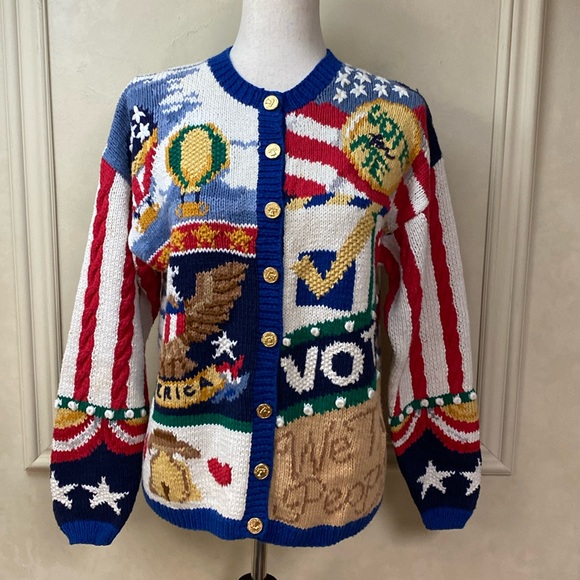 Vintage Northern Isles Cardigan Womens Small Hand Knit Vote America Uncle Sam - Picture 1 of 10